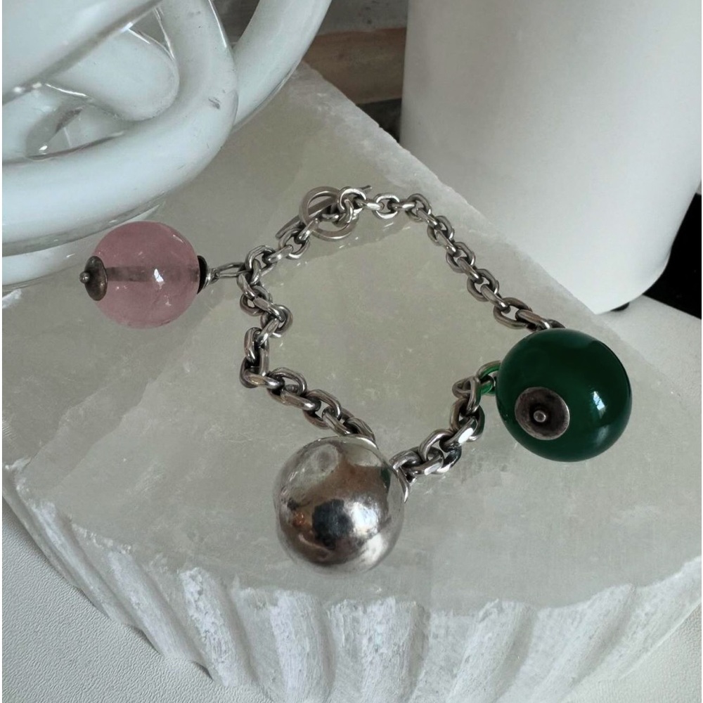 Vintage Rose Quartz, Chrysoprase & Sterling Silver Ball Bracelet